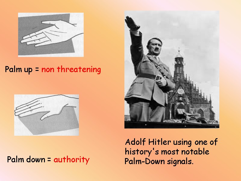 Adolf Hitler using one of history's most notable Palm-Down signals. Palm up = non